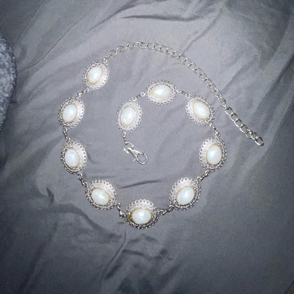 White bead concho chain belt